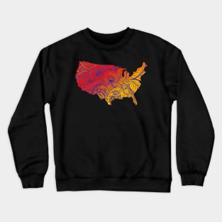 Colorful mandala art map of the United States of America in orange and red with blue Crewneck Sweatshirt